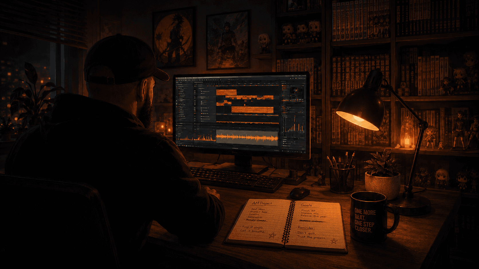 Créateur d'AmProject travaillant sur une chanson inspirée des anime dans son bureau